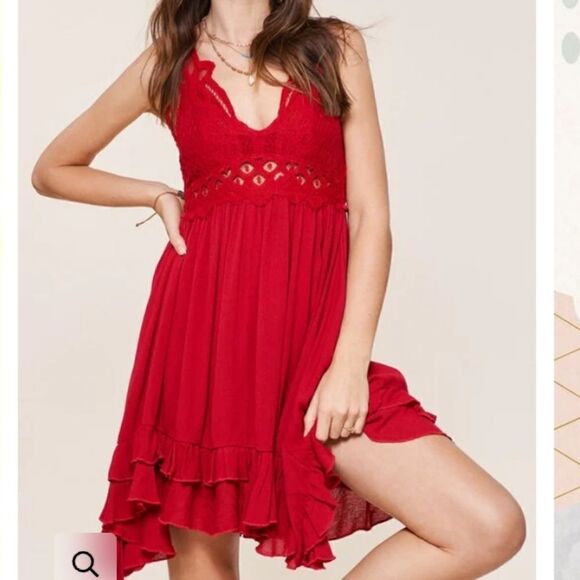 RUE 21 Red strappy peekaboo lace V neck ruffle hemline mini dress size XS n boho - Picture 1 of 12
